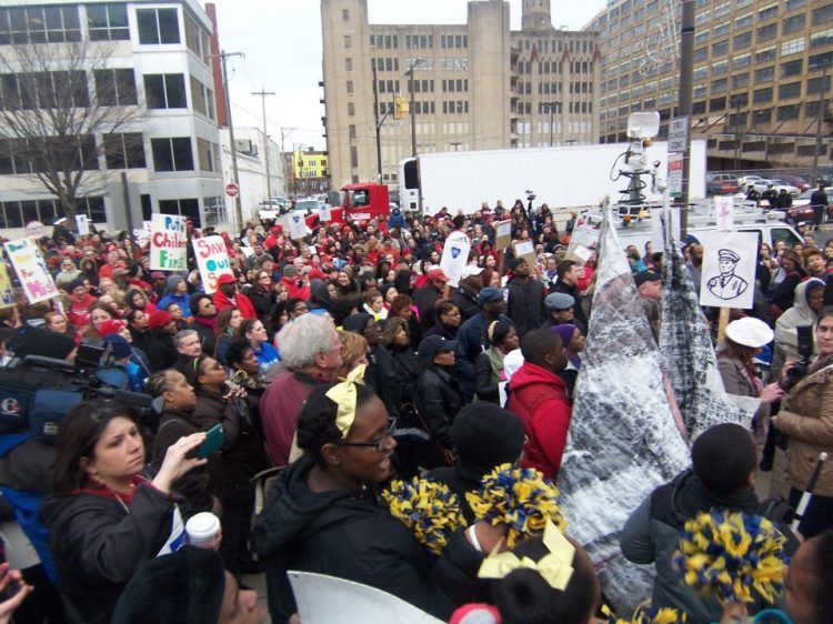 On the day of the school closings vote, Parents United joined the hundreds of people who opposed the vote. (Photo: Bill Hangley with permission)