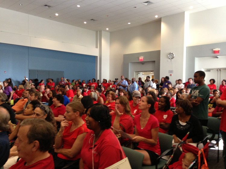 Teachers crowd an August SRC meeting where commissioners voted to suspend the school code and unilaterally eliminate protections.